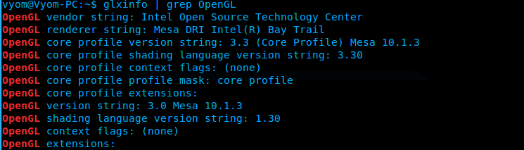 Вывод glxinfo с информацией об OpenGL и используемом рендерере