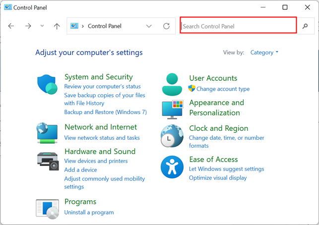 Рамка вокруг строки поиска в Панели управления