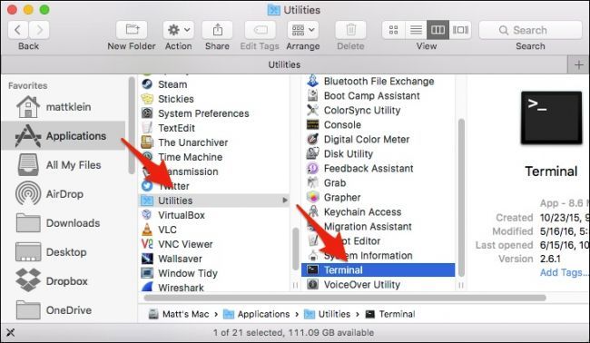 Папка Utilities с приложением Терминал