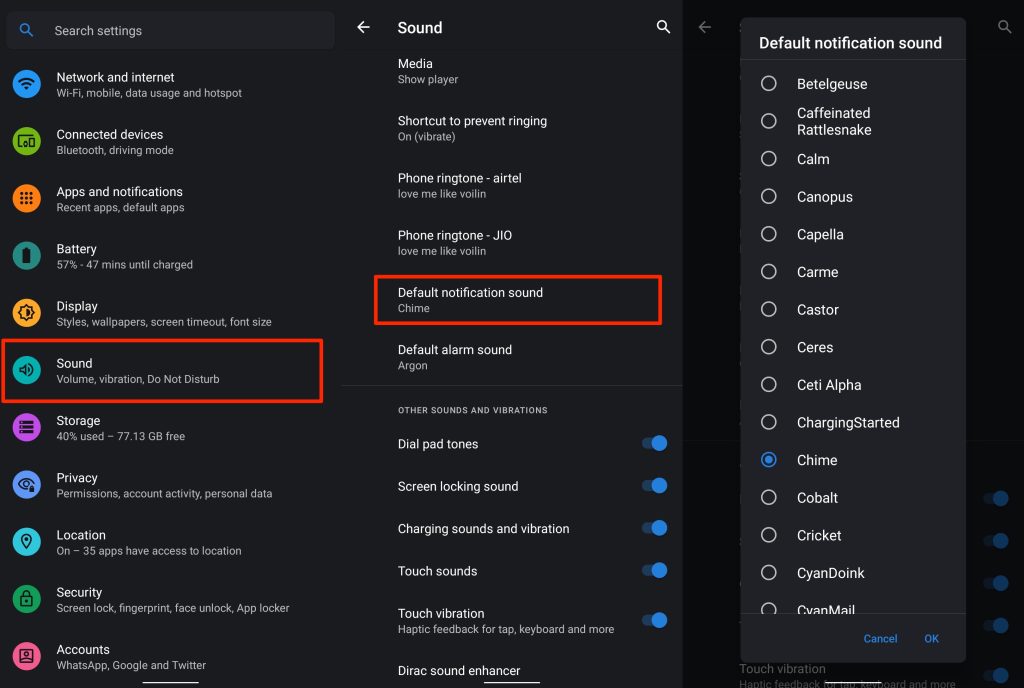 Ajustes de sonido de Android mostrando opciones de tono de notificación