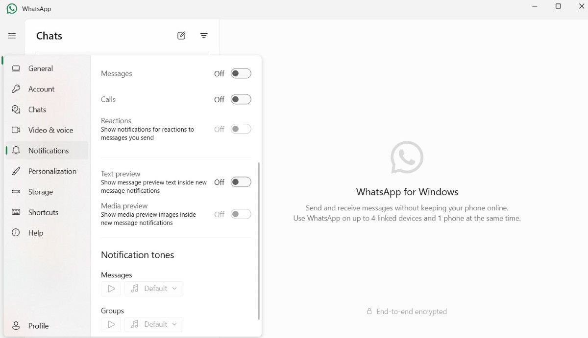 Отключение уведомлений WhatsApp на рабочем столе
