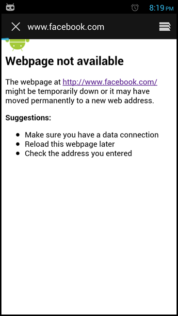 Пример: попытка открыть Facebook заблокирована после правок hosts