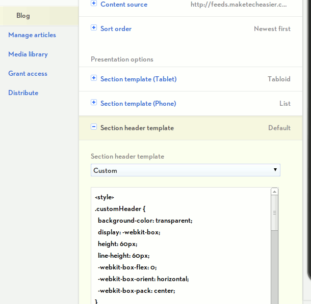 Редактор стилей секции для кастомизации внешнего вида издания