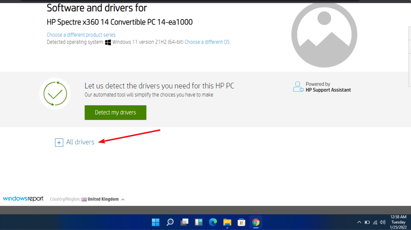 Sezione BIOS nella pagina dei driver HP
