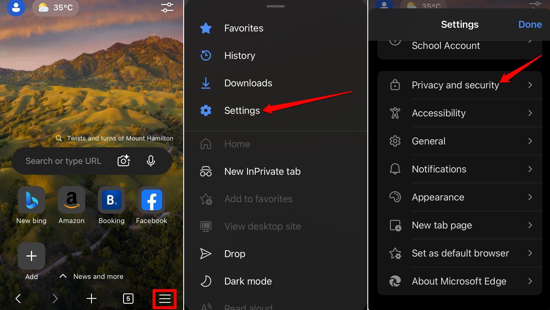 Edge для iOS: раздел конфиденциальности и безопасности
