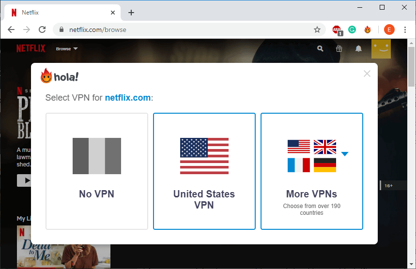 Выберите один из серверов Netflix, доступных через Hola VPN