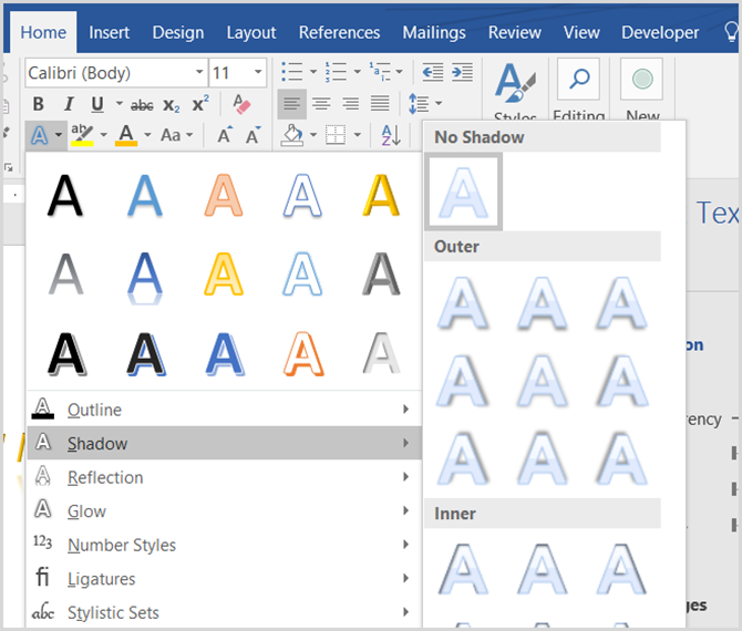 Font Shadow Options Word