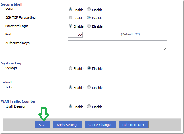 Включение SSH в веб‑интерфейсе