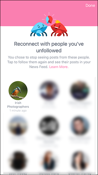 Экран восстановления отписанных и рекомендации страниц