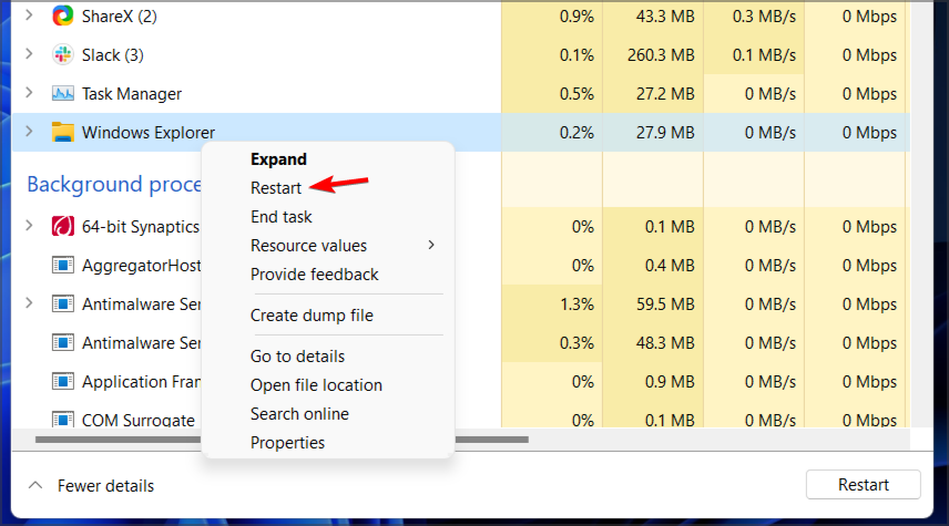 Контекстное меню Проводника с командой 'Перезапустить'