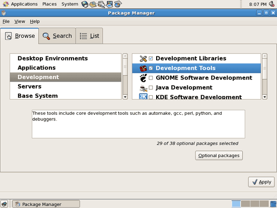 Выбор Development Libraries и Development Tools в менеджере пакетов