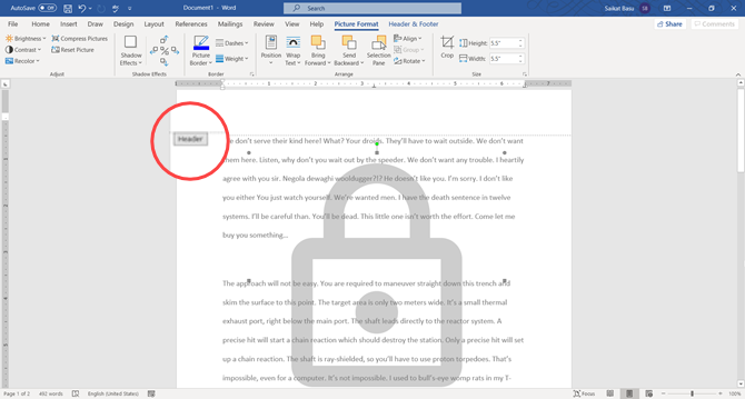 Выбор и перемещение водяного знака через режим колонтитулов