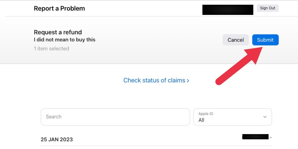 Кнопка «Submit» для отправки запроса на возврат