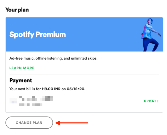 Нажмите «Изменить план» в разделе Spotify Premium