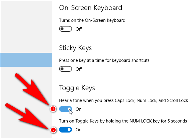 Включение Toggle Keys в Windows 10