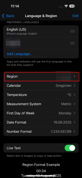 Изображение региона в настройках контактов iPhone