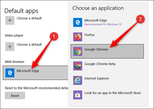 Список браузеров: выбран Google Chrome как новый браузер по умолчанию
