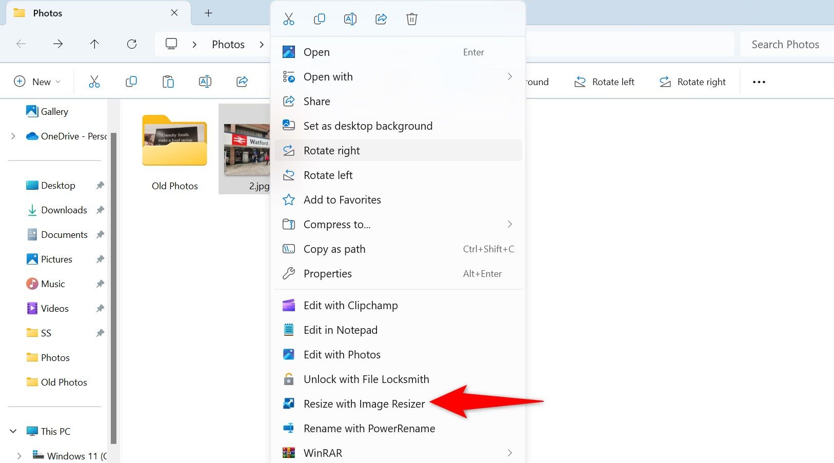 'Resize With Image Resizer' highlighted for an image.
