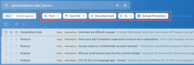 Кнопки фильтров для поиска в Gmail