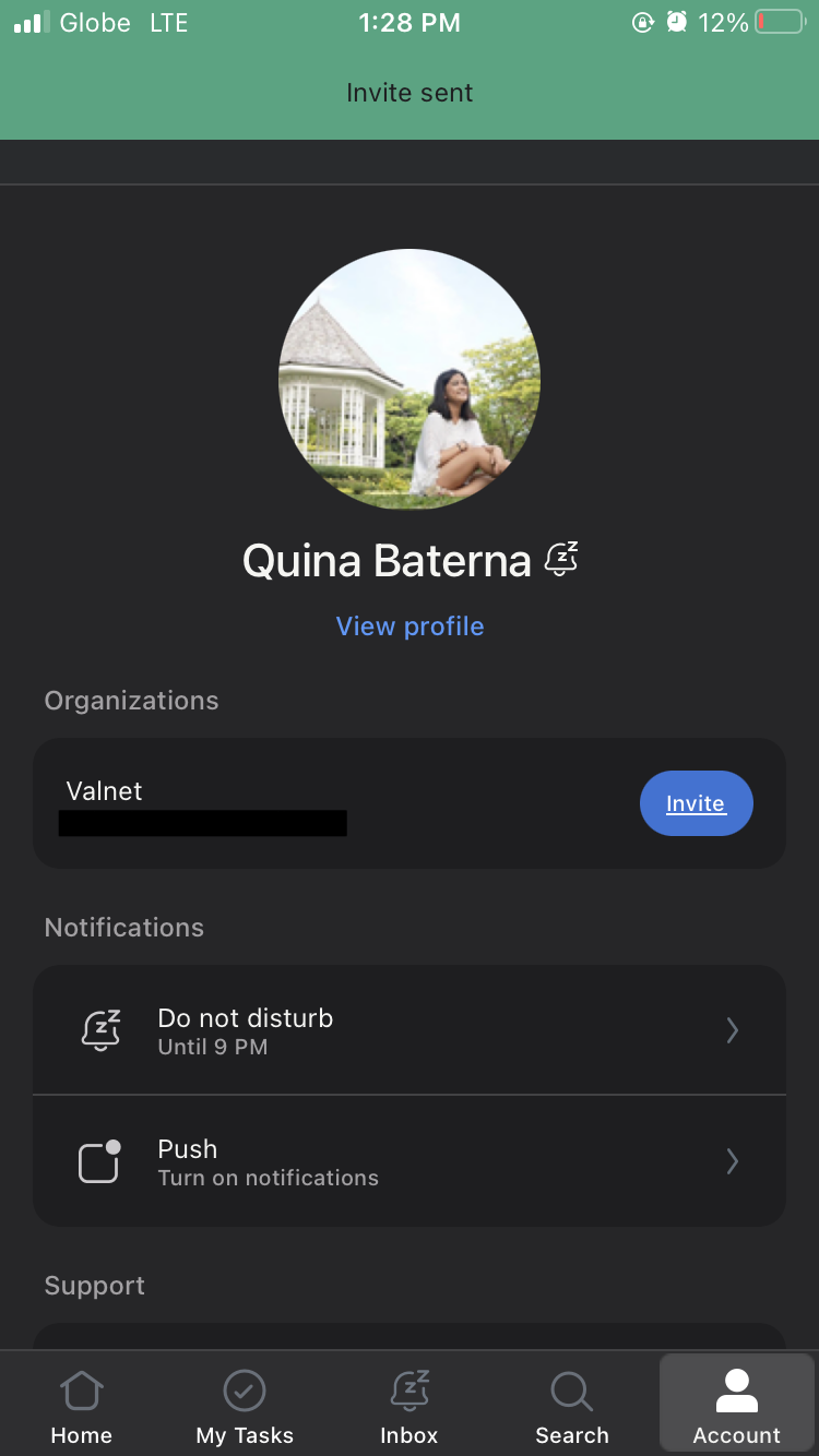 Подтверждение отправки приглашения в мобильном приложении Asana