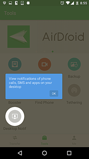 Уведомление о входящем звонке в веб-интерфейсе AirDroid