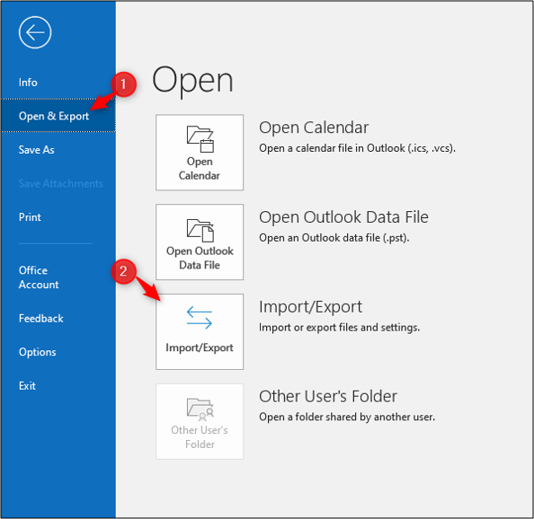 Импорт файла в Outlook через меню Файл