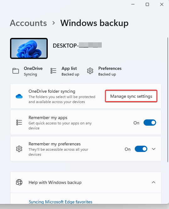 Параметры синхронизации OneDrive для резервного копирования приложений и предпочтений
