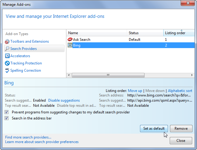 восстановление поставщика поиска в Internet Explorer