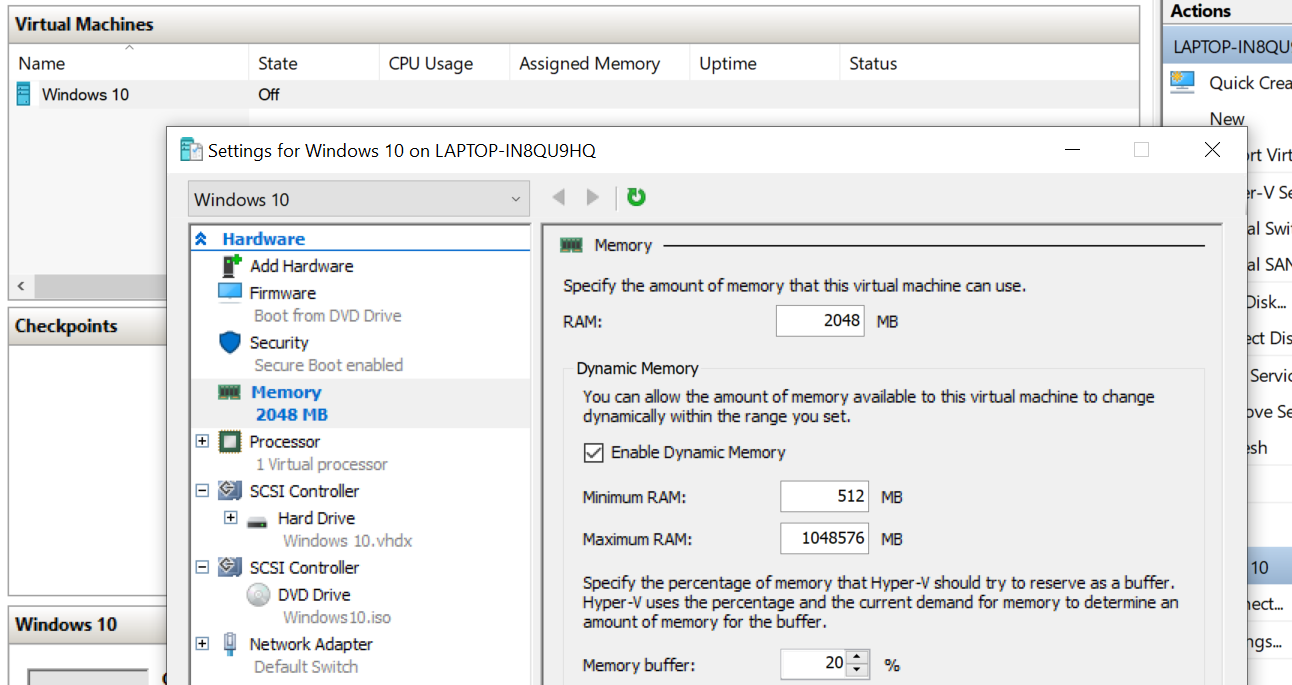 Отключение динамической памяти в Hyper‑V — настройки памяти виртуальной машины