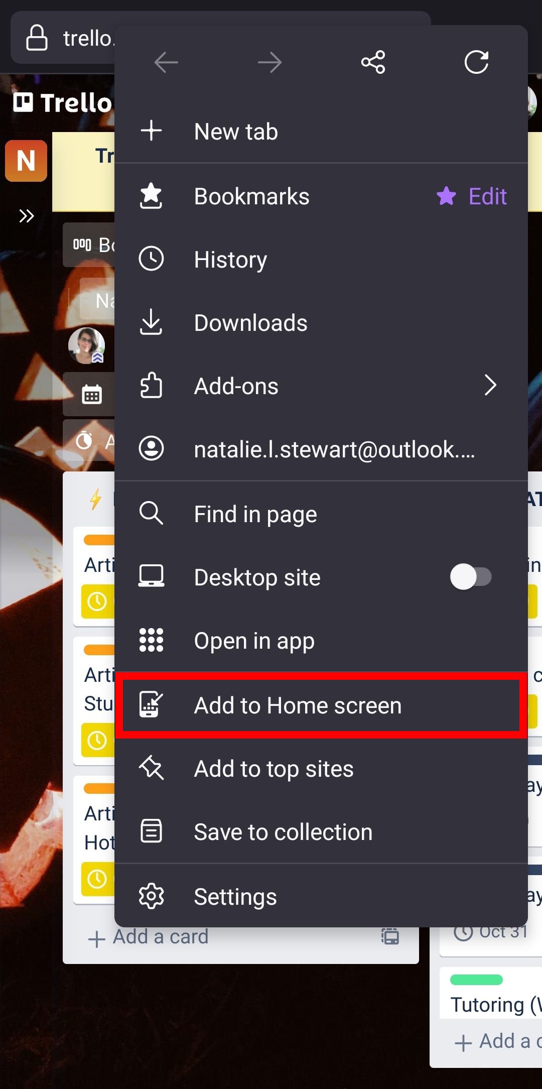 Trello в Firefox для Android с опцией «Добавить на главный экран» выделенной.