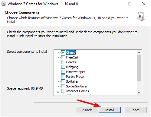 Выбор игр для установки: отметьте Chess Titans