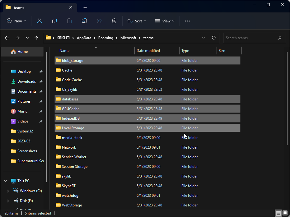 Все служебные папки Teams для очистки