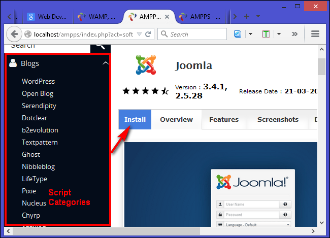 Установка Joomla через Softaculous в AMPPS: выбор версии и домена