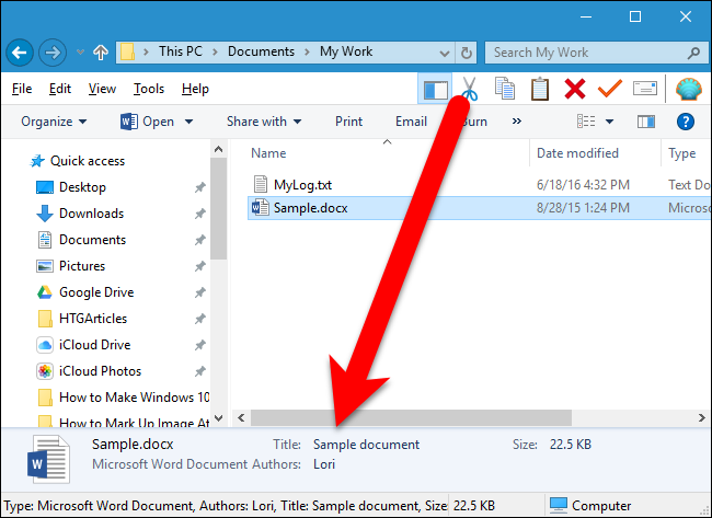 Панель сведений отображается внизу окна Проводника