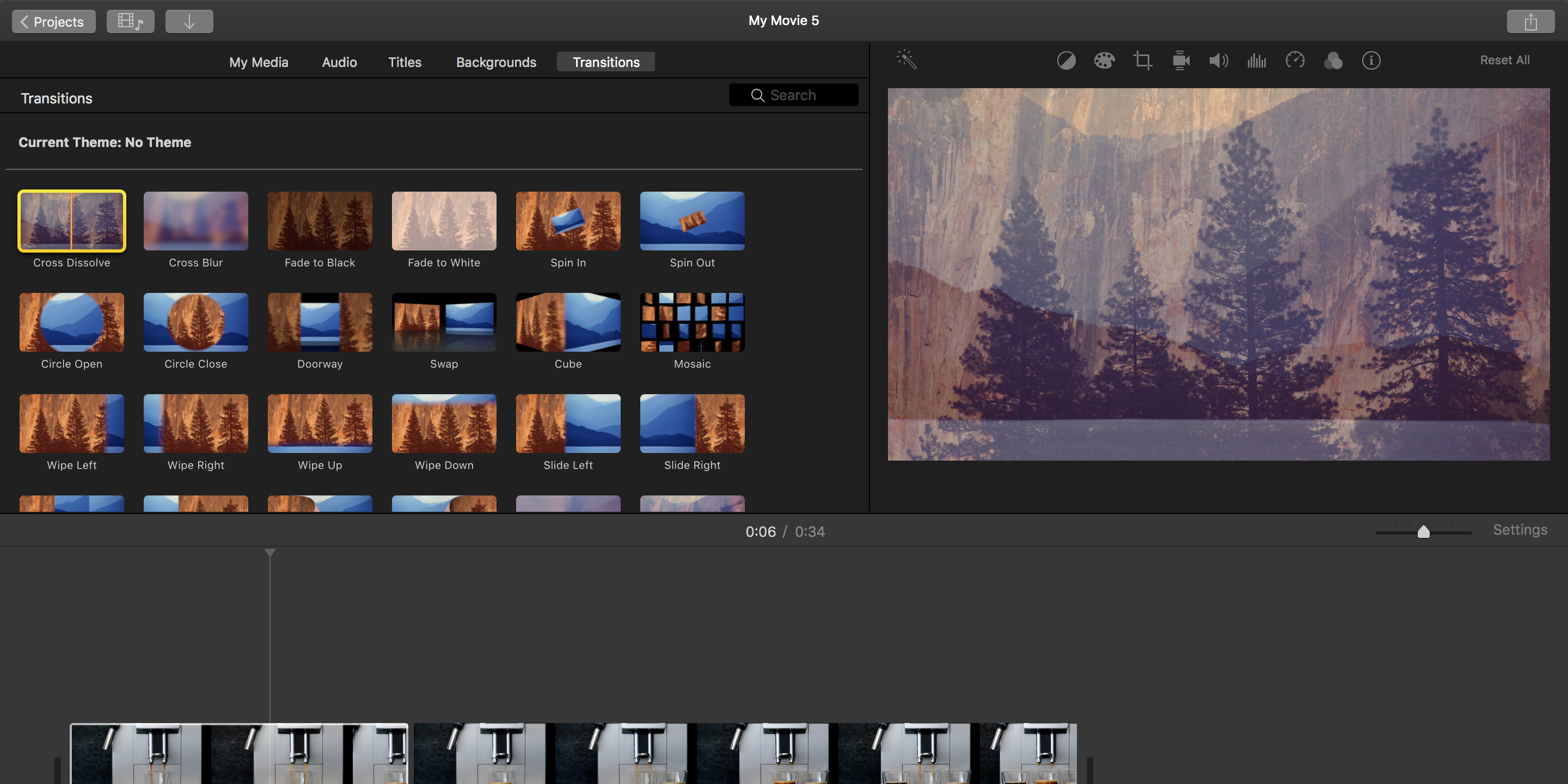 Выбор переходов в iMovie на Mac