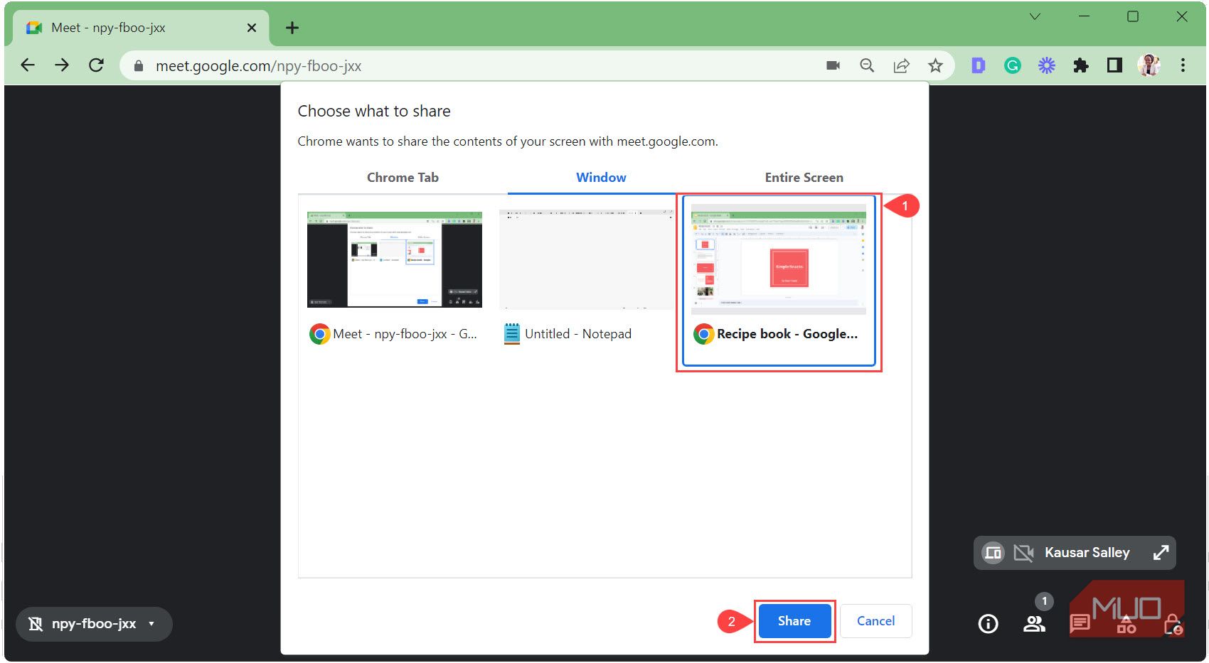 Выберите окно для демонстрации и нажмите Поделиться