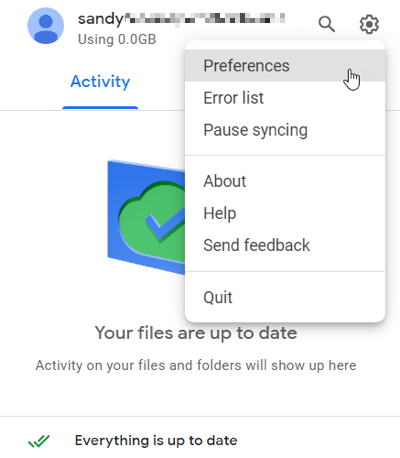 Открытие параметров Google Drive из трея