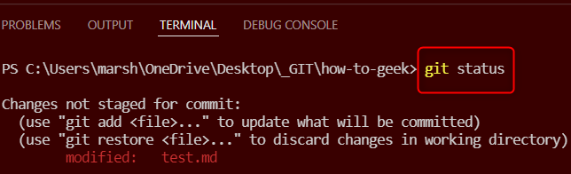 Вывод команды git status в терминале