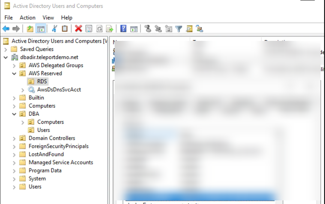Снимок окна Active Directory Users and Computers, расширенный режим