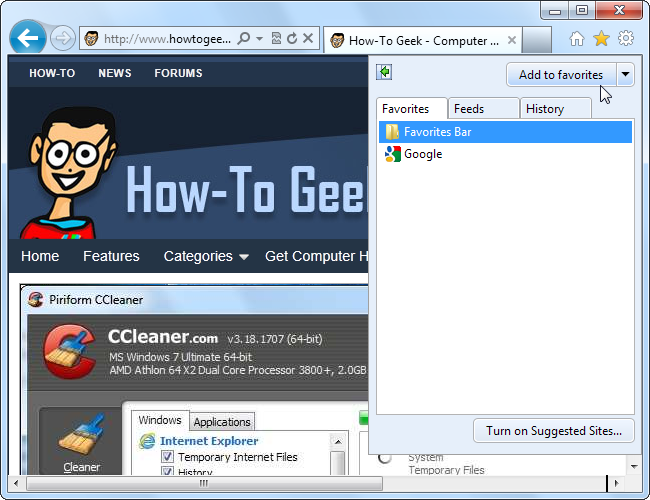 Добавление страницы в Избранное в Internet Explorer