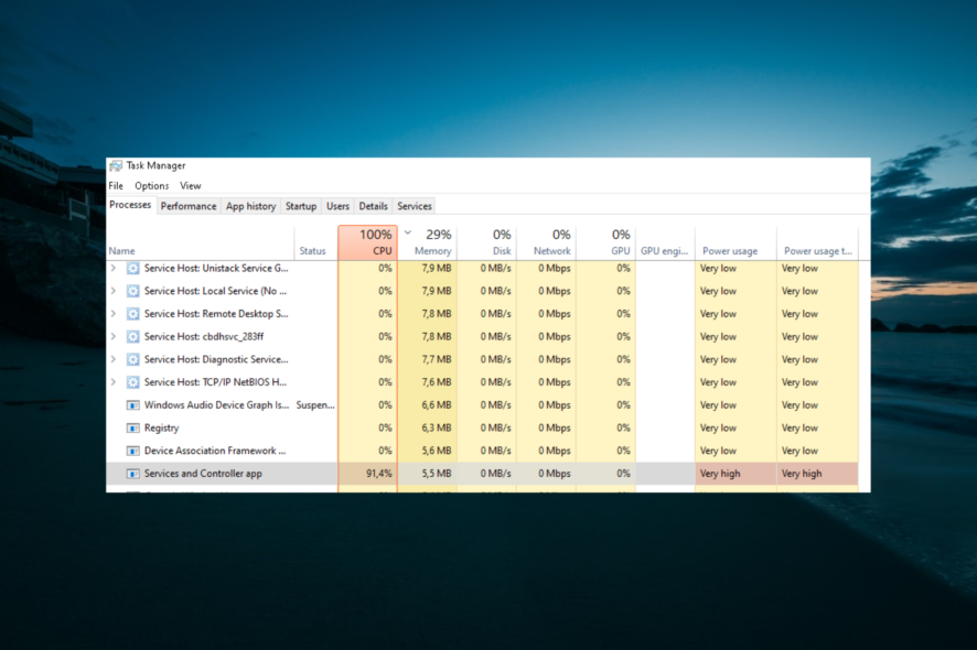 Исправить высокую загрузку CPU из‑за Services and Controller App