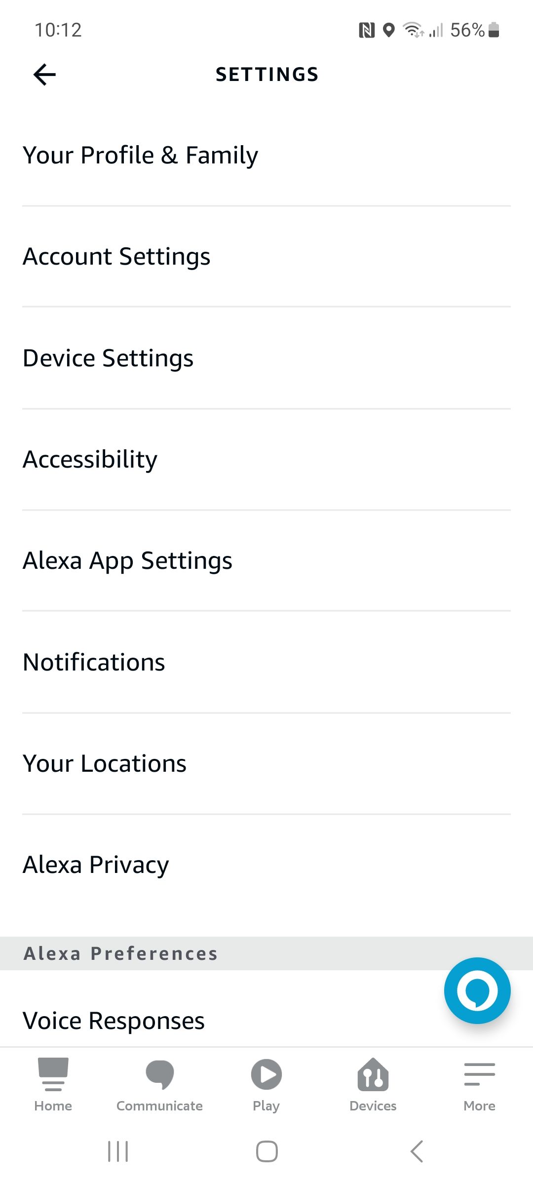 Скриншот экрана настроек в приложении Alexa
