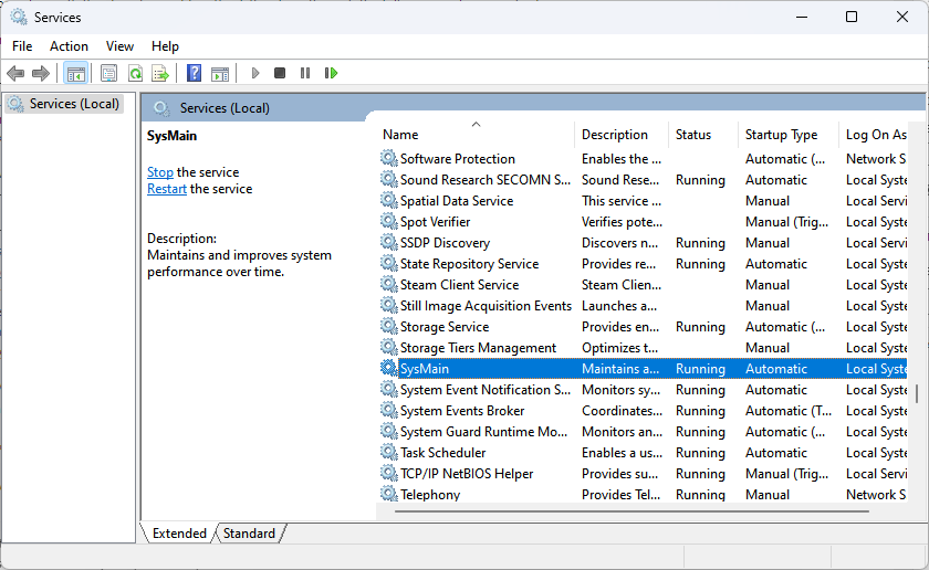 Окно списка служб Windows с выделенным SuperFetch/SysMain