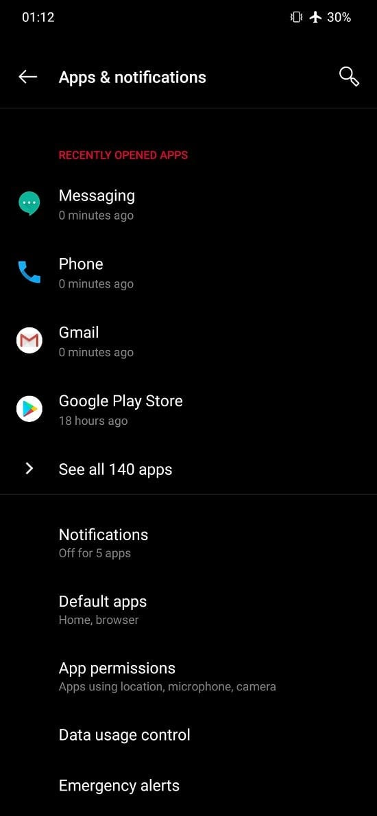 Экран с недавно открытыми приложениями в настройках Android