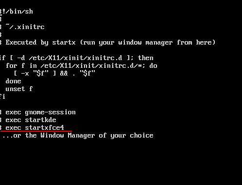 Пример .xinitrc с включённой строкой exec startxfce4