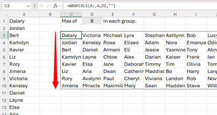 D1 を 8 に変更して WRAPCOLS の出力が変わったスクリーンショット