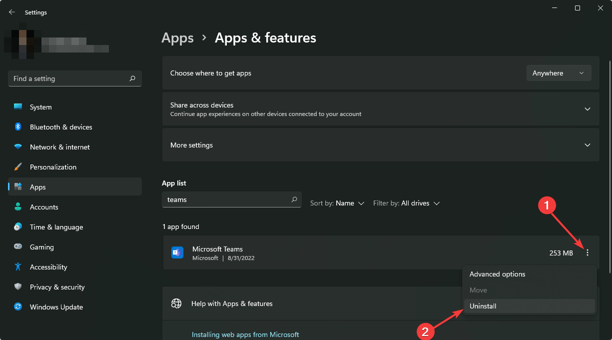 Удаление Microsoft Teams через Параметры