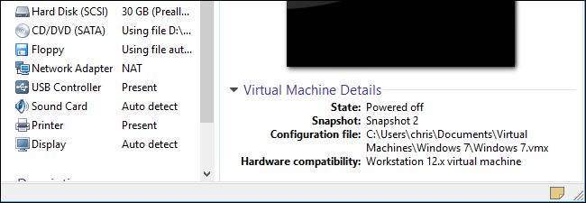 Путь к папке виртуальной машины отображается внизу окна VMware Workstation