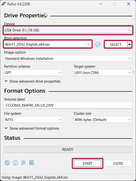 Rufus로 부팅 USB 생성 화면
