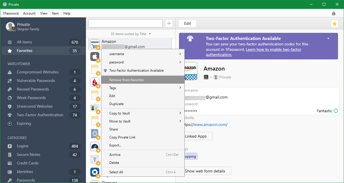 Список избранного в 1Password